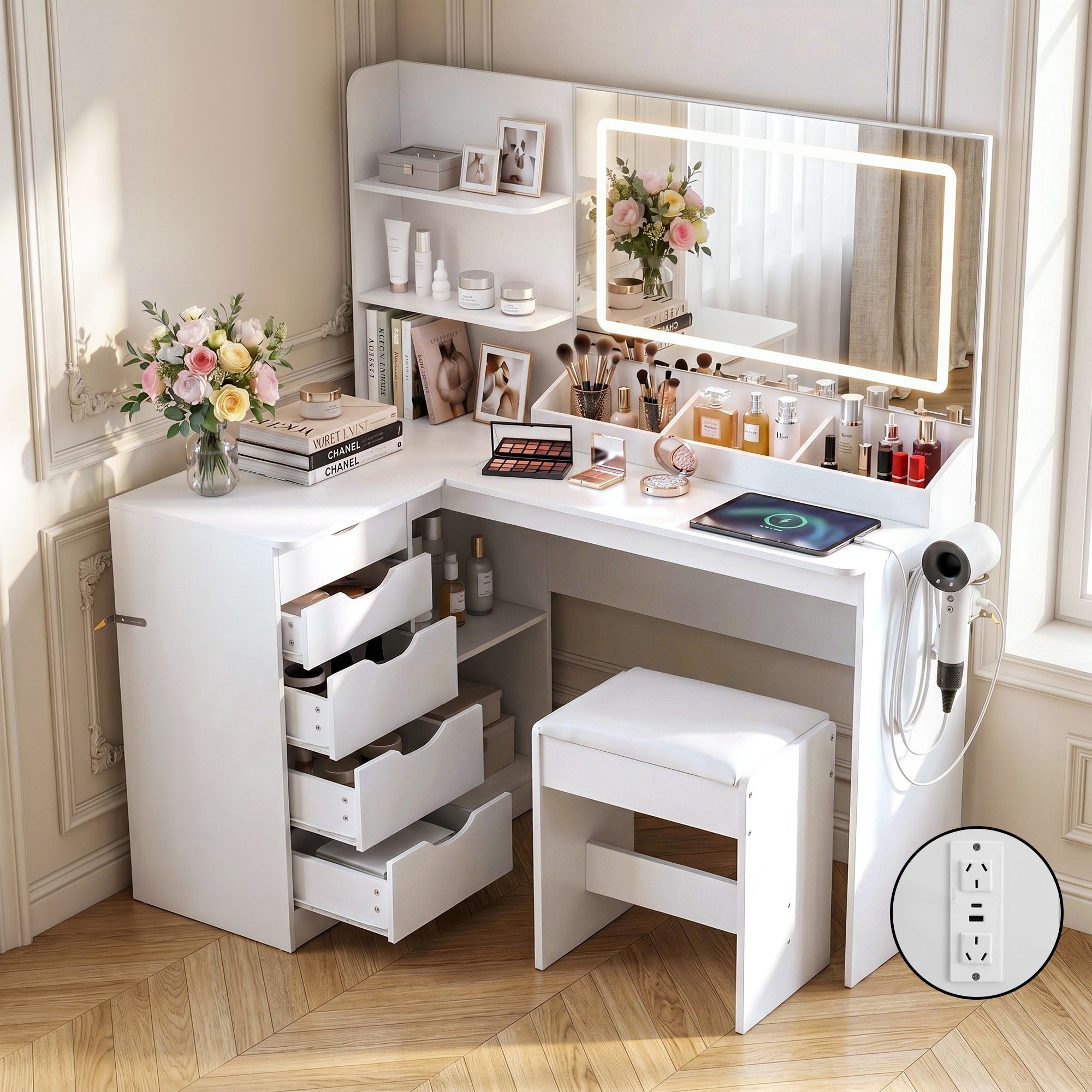 Artiss Dressing Table Corner Vanity Desk Set Stool LED Charging Station White FUR-V-DRESS09-WH-AB