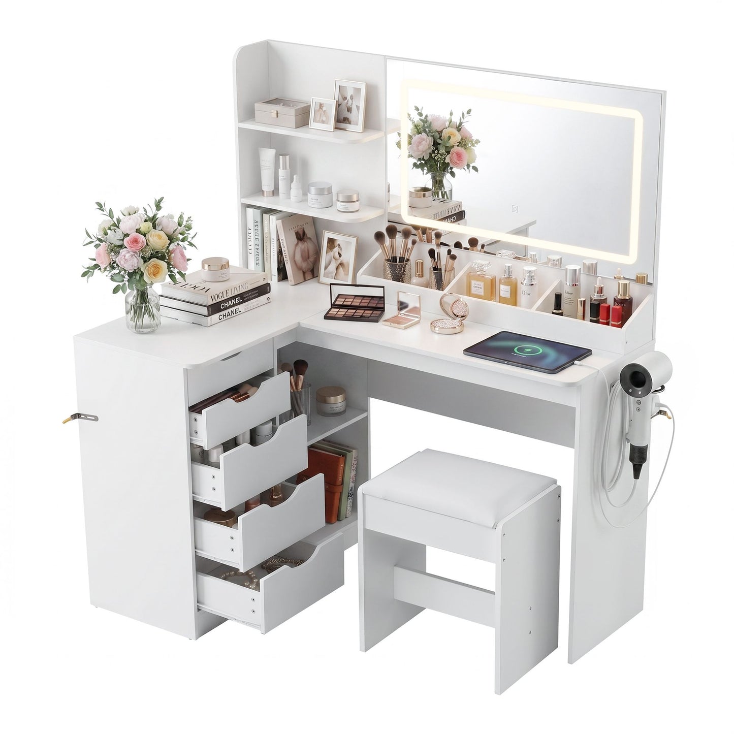Artiss Dressing Table Corner Vanity Desk Set Stool LED Charging Station White FUR-V-DRESS09-WH-AB