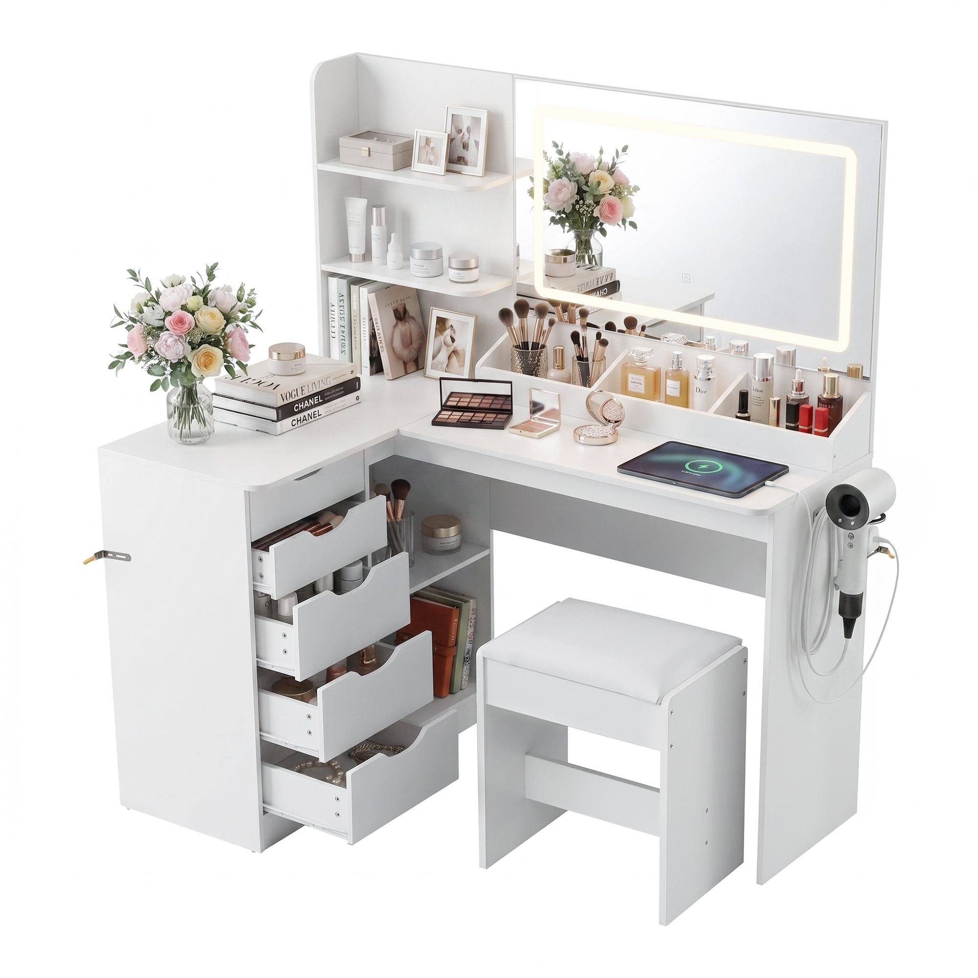 Artiss Dressing Table Corner Vanity Desk Set Stool LED Charging Station White FUR-V-DRESS09-WH-AB