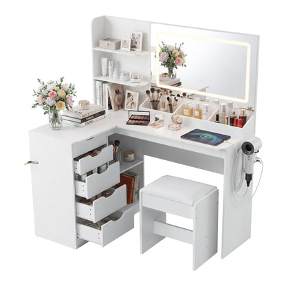 Artiss Dressing Table Corner Vanity Desk Set Stool LED Charging Station White FUR-V-DRESS09-WH-AB