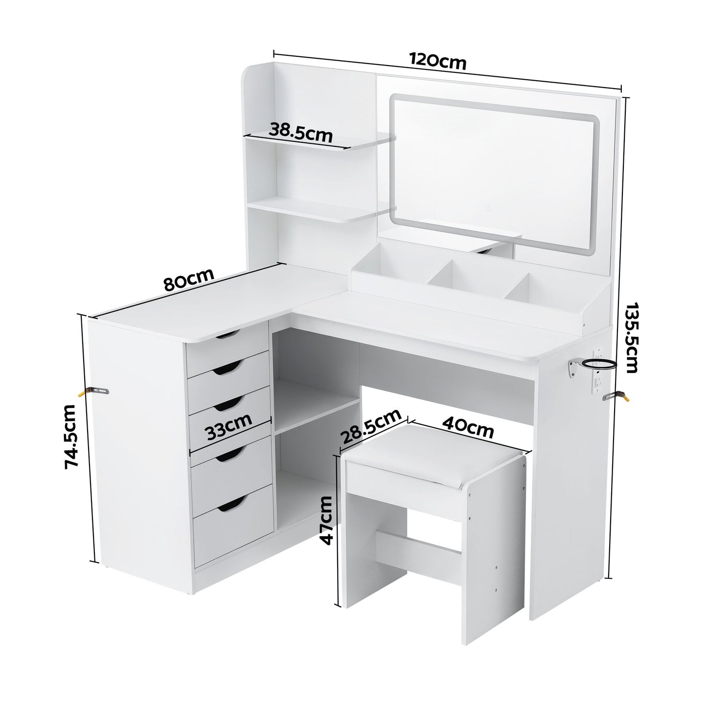 Artiss Dressing Table Corner Vanity Desk Set Stool LED Charging Station White FUR-V-DRESS09-WH-AB