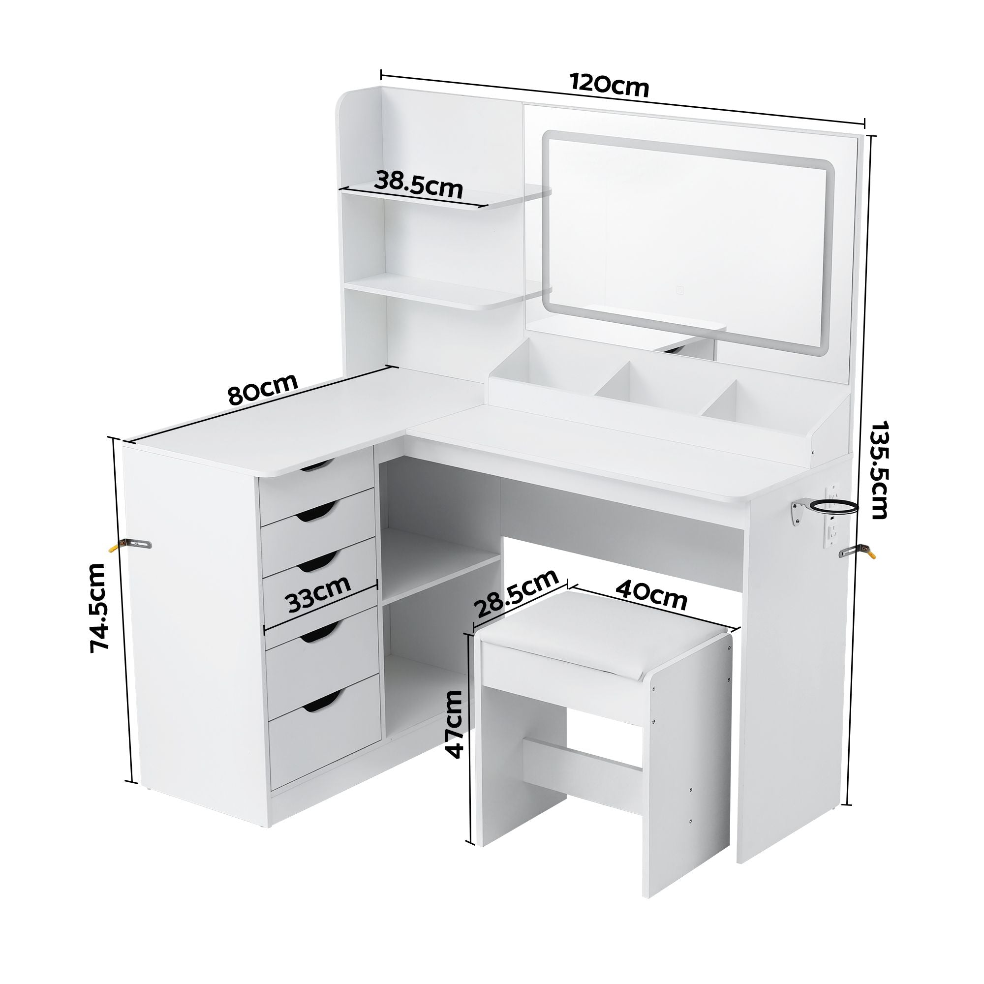 Artiss Dressing Table Corner Vanity Desk Set Stool LED Charging Station White FUR-V-DRESS09-WH-AB