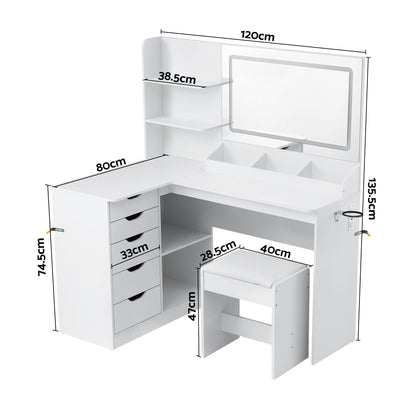 Artiss Dressing Table Corner Vanity Desk Set Stool LED Charging Station White FUR-V-DRESS09-WH-AB