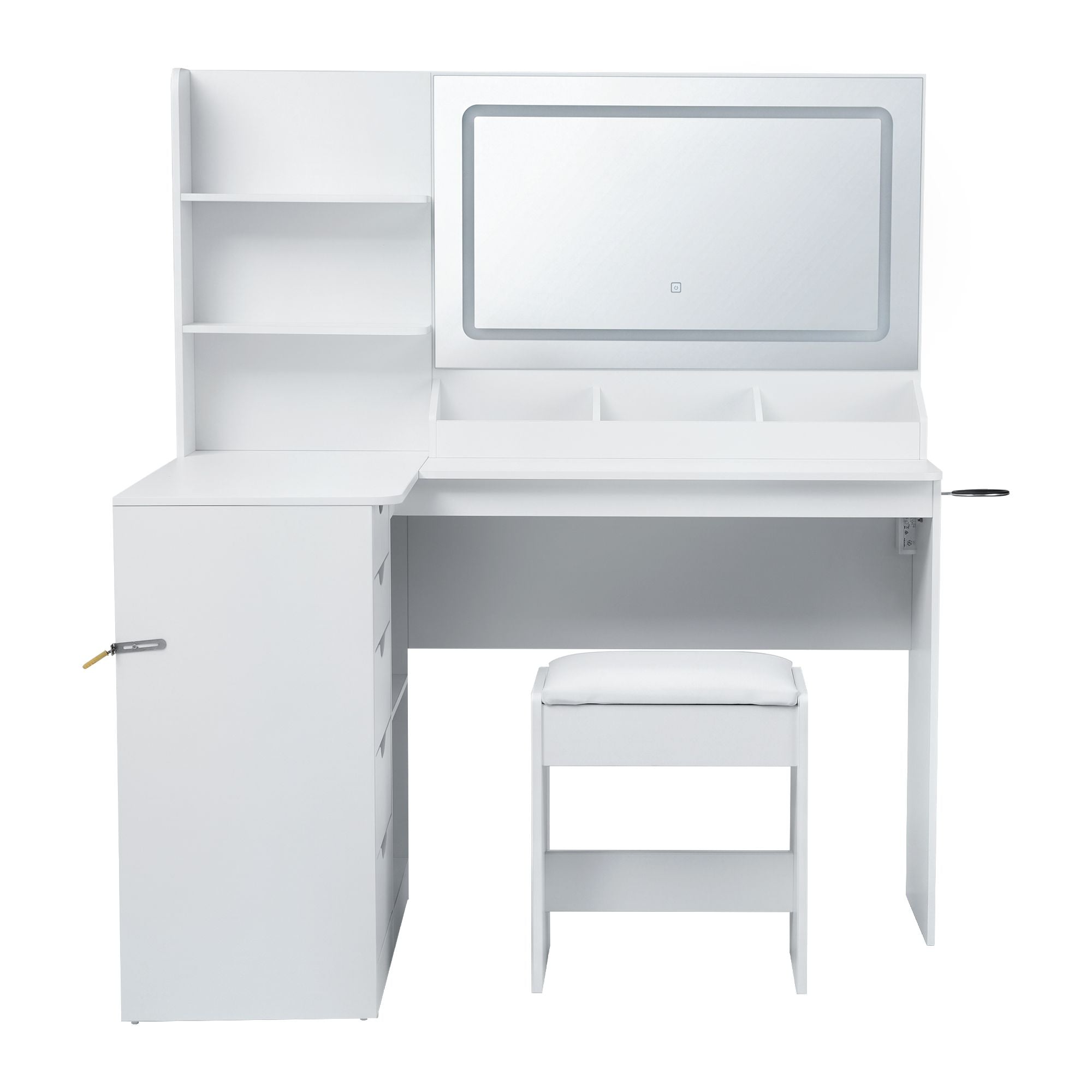 Artiss Dressing Table Corner Vanity Desk Set Stool LED Charging Station White FUR-V-DRESS09-WH-AB