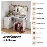 Artiss Dressing Table Corner Vanity Desk Set Stool LED Charging Station White FUR-V-DRESS09-WH-AB