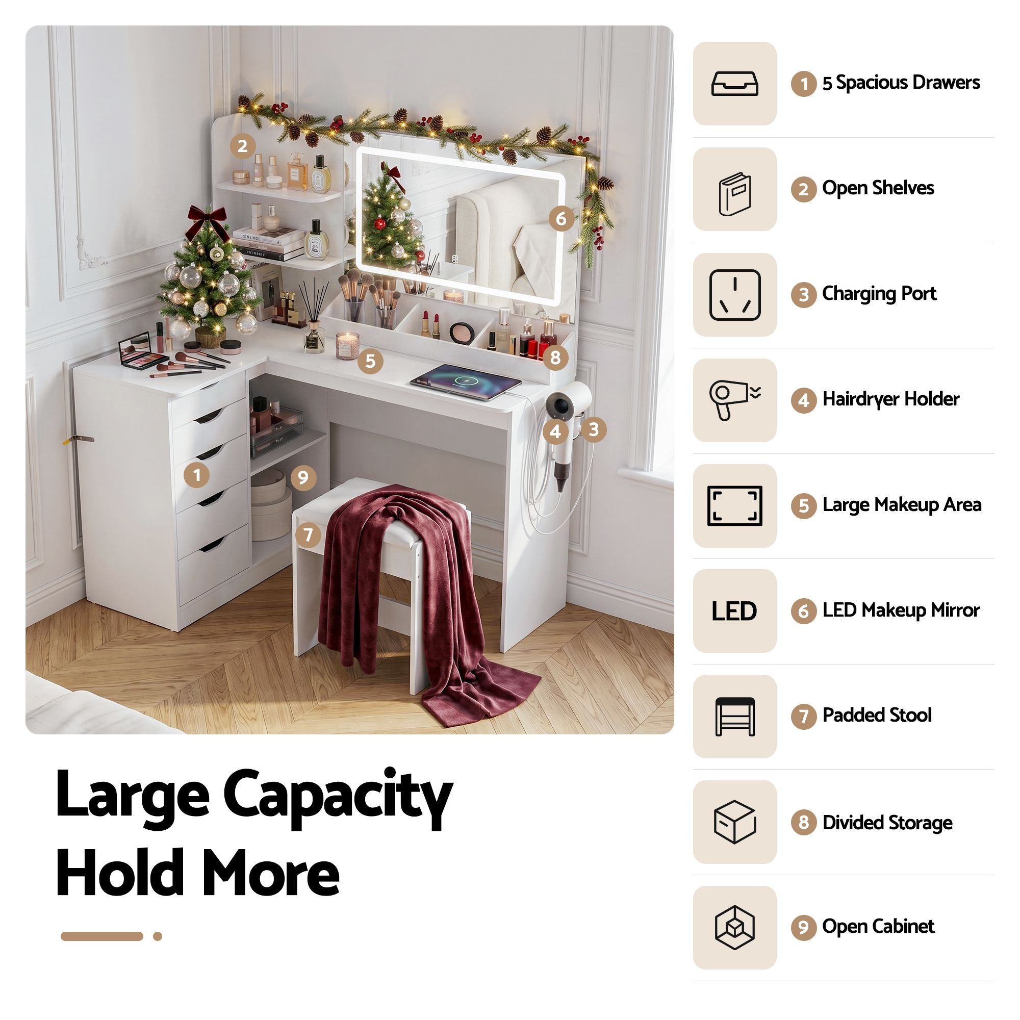 Artiss Dressing Table Corner Vanity Desk Set Stool LED Charging Station White FUR-V-DRESS09-WH-AB