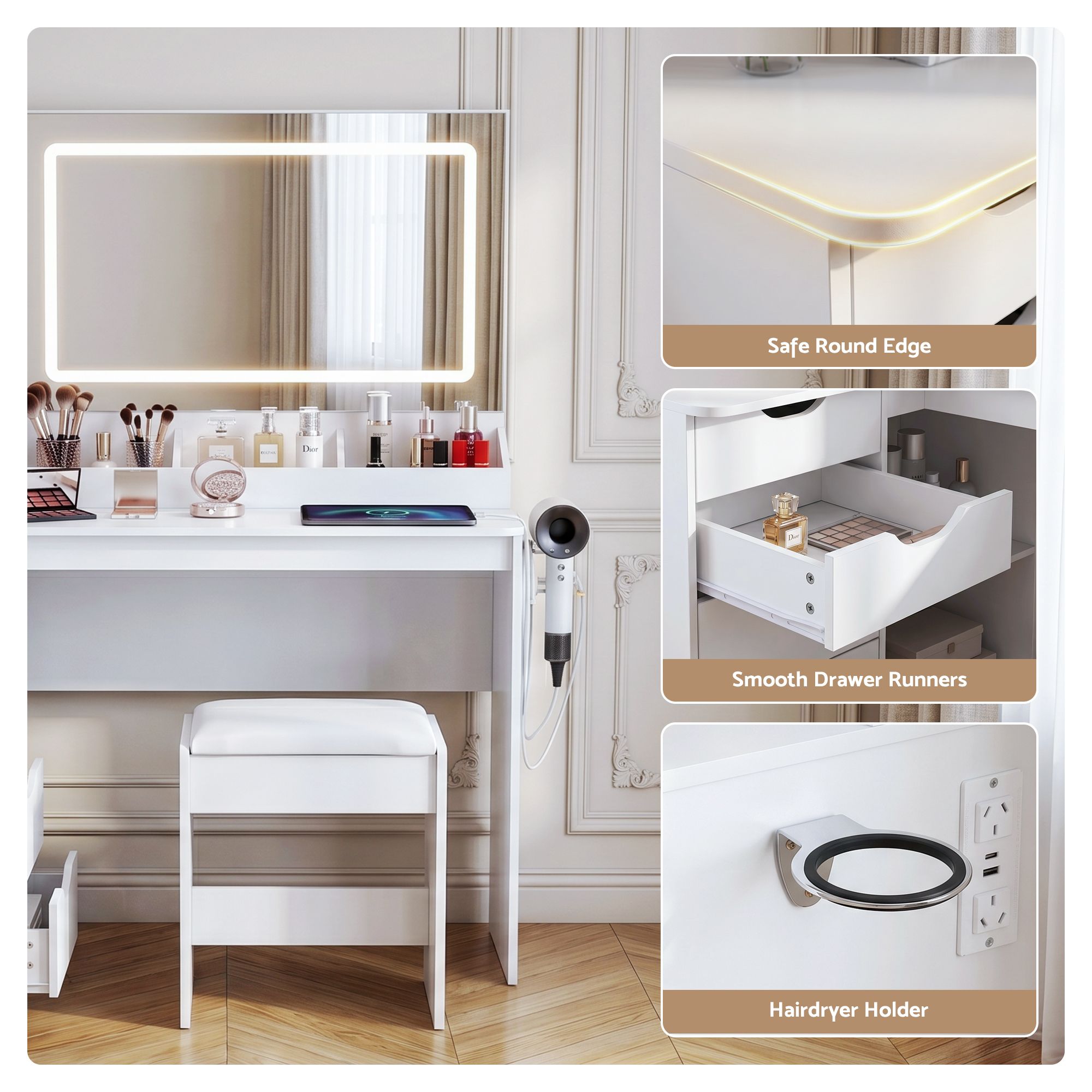 Artiss Dressing Table Corner Vanity Desk Set Stool LED Charging Station White FUR-V-DRESS09-WH-AB