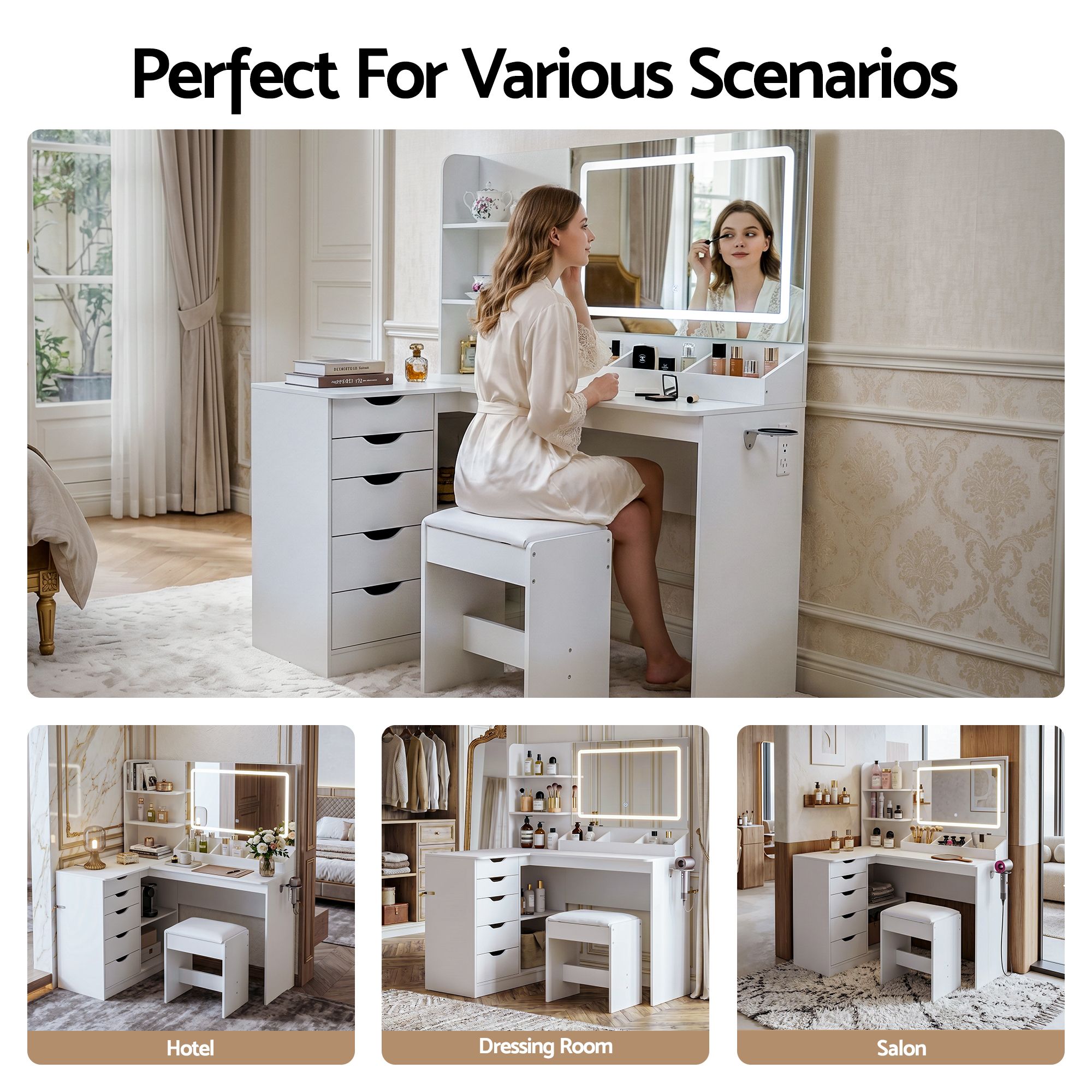 Artiss Dressing Table Corner Vanity Desk Set Stool LED Charging Station White FUR-V-DRESS09-WH-AB