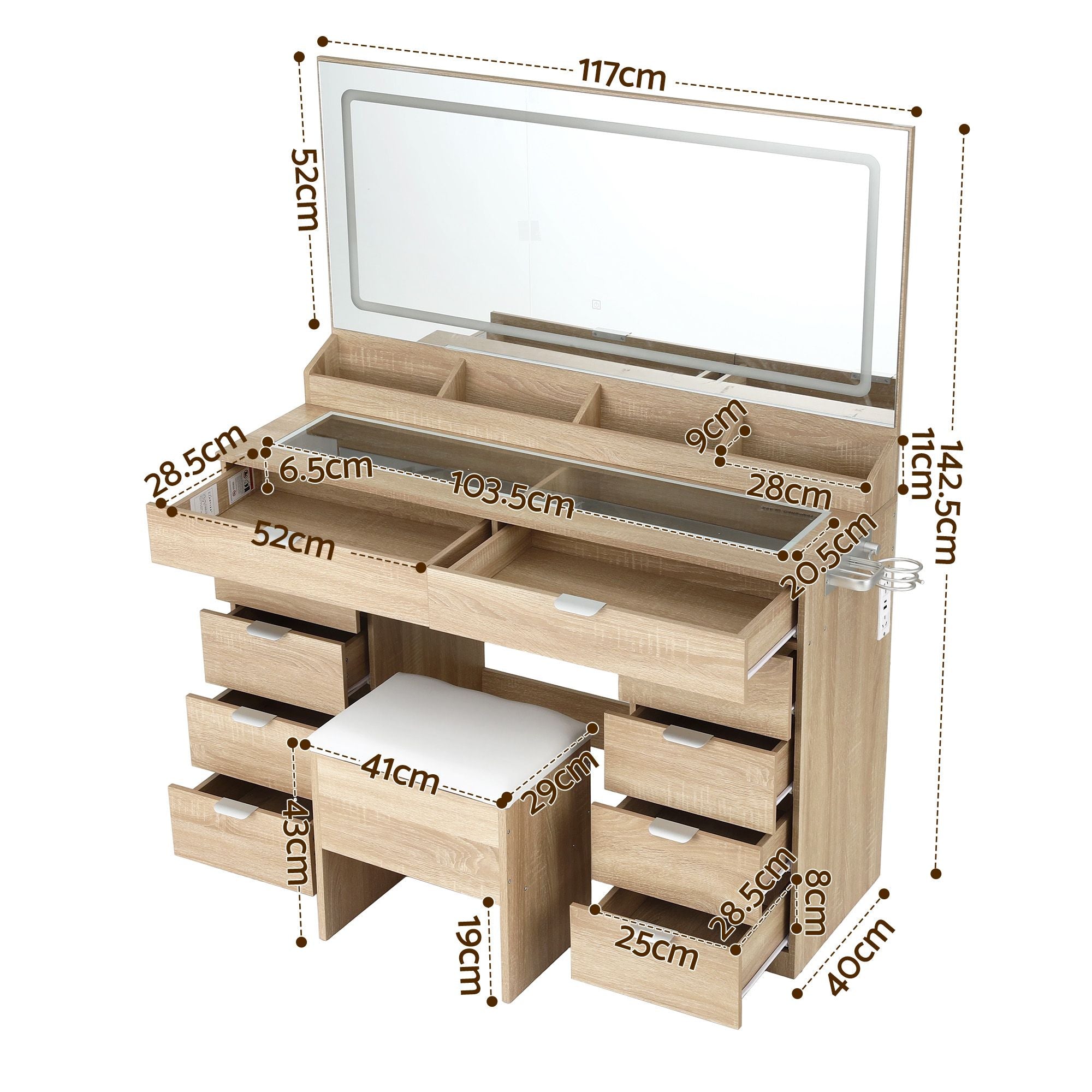 Artiss Dressing Table Makeup Vanity Desk Large LED Mirror 10 Drawers Power Outlet Hair Dryer Holder Hook Wood
