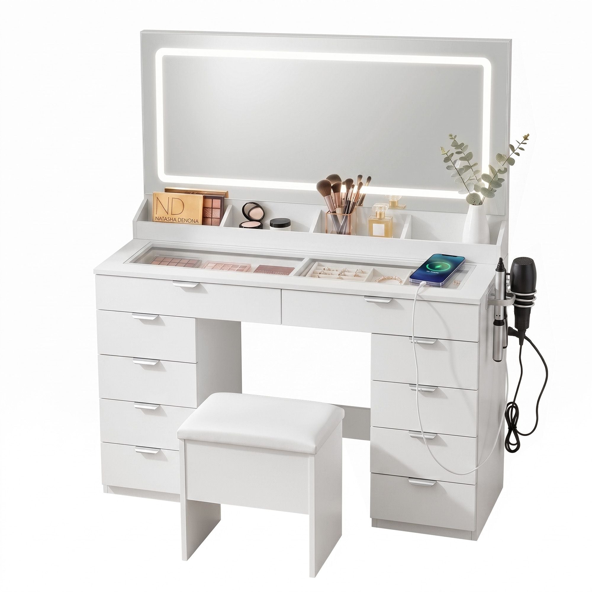 Artiss Dressing Table Makeup Vanity Desk Large LED Mirror 10 Drawers Power Outlet Hair Dryer Holder Hook White