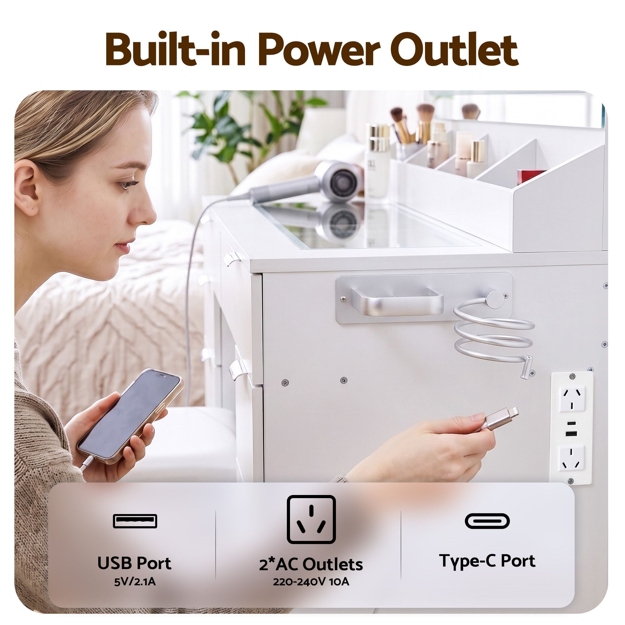 Artiss Dressing Table Makeup Vanity Desk Large LED Mirror 10 Drawers Power Outlet Hair Dryer Holder Hook White