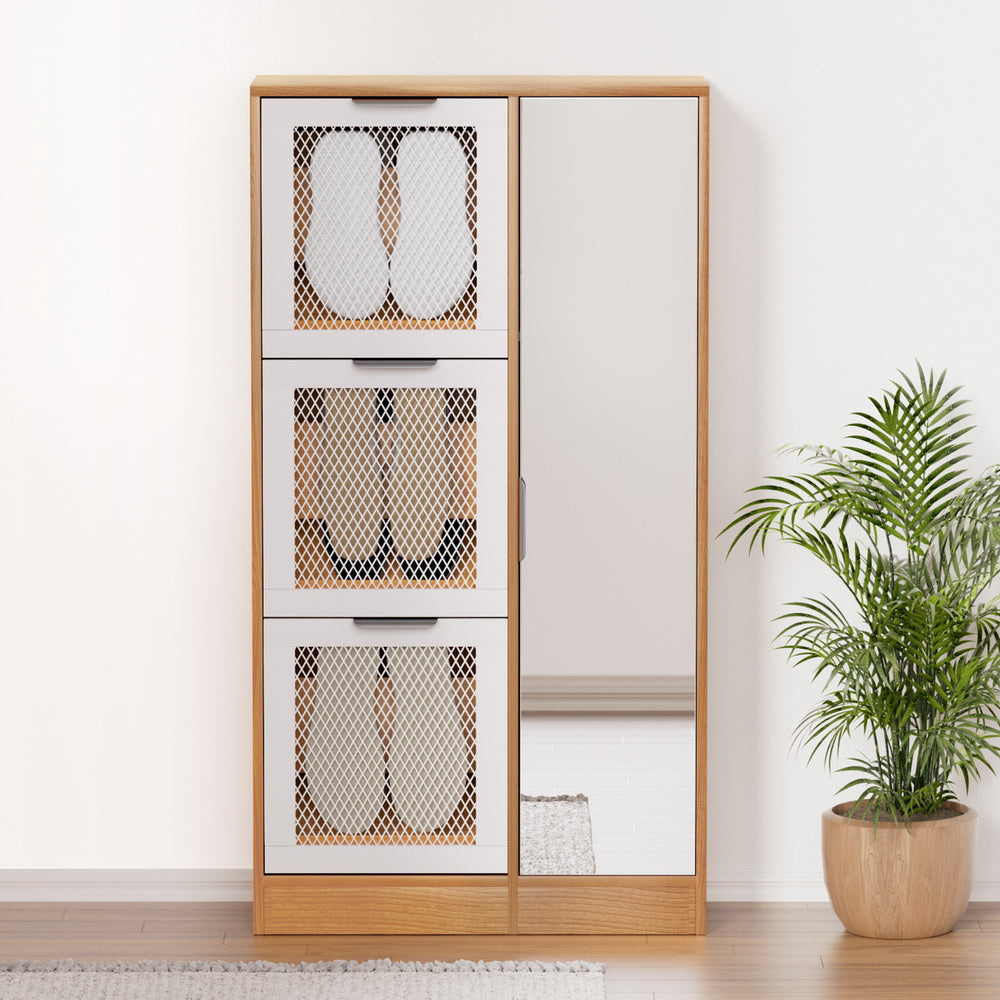 Artiss Shoe Rack Cabinet Mirror White FUR-W-SHOE-MIR3D-WHWD-AB