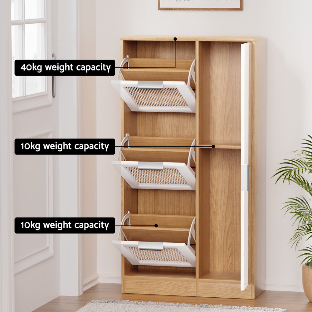 Artiss Shoe Rack Cabinet Mirror White FUR-W-SHOE-MIR3D-WHWD-AB