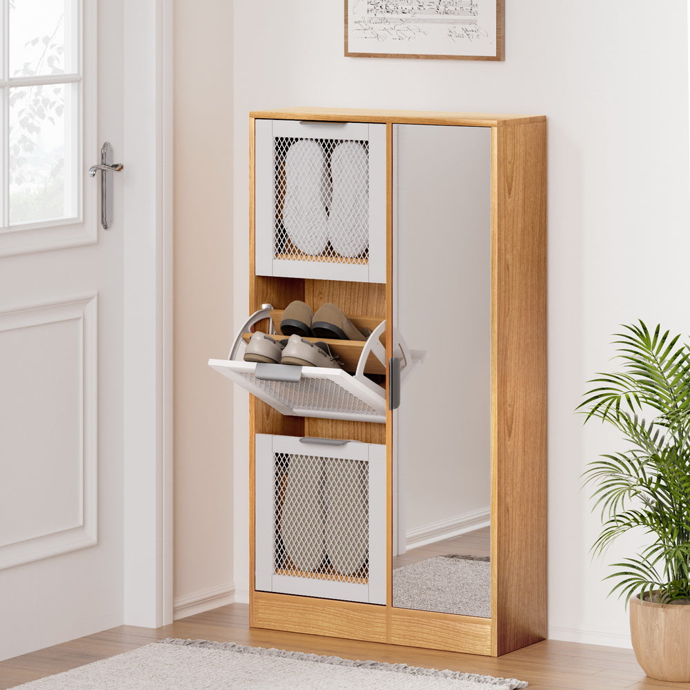 Artiss Shoe Rack Cabinet Mirror White FUR-W-SHOE-MIR3D-WHWD-AB