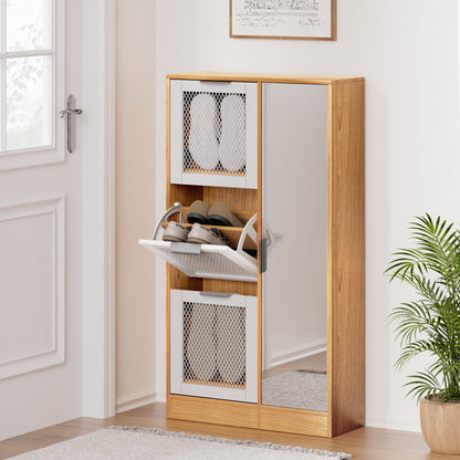Artiss Shoe Rack Cabinet Mirror White FUR-W-SHOE-MIR3D-WHWD-AB