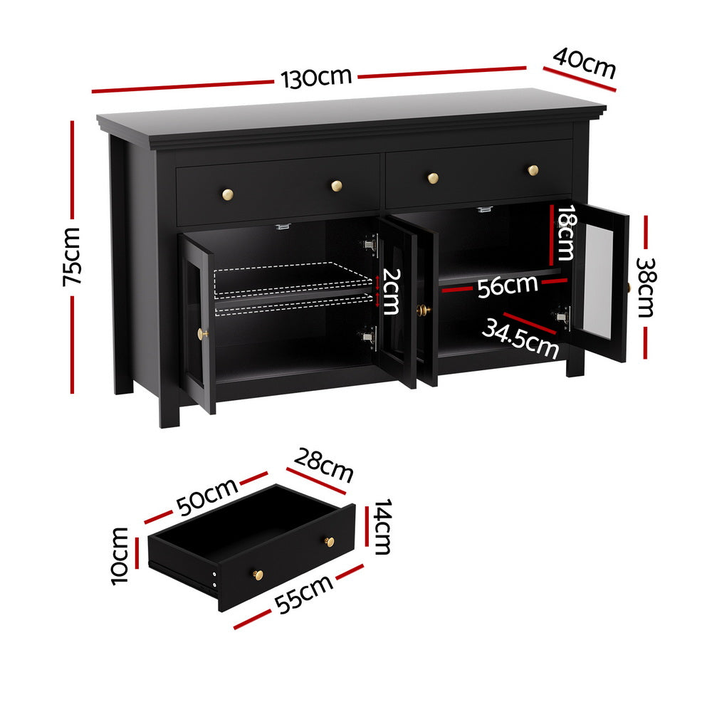 Artiss Buffet Sideboard Storage Cabinet Kitchen Cupboard Clear Door Drawer Black FUR-W-SID130-01-BK-AB