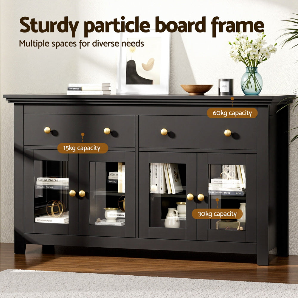 Artiss Buffet Sideboard Storage Cabinet Kitchen Cupboard Clear Door Drawer Black FUR-W-SID130-01-BK-AB
