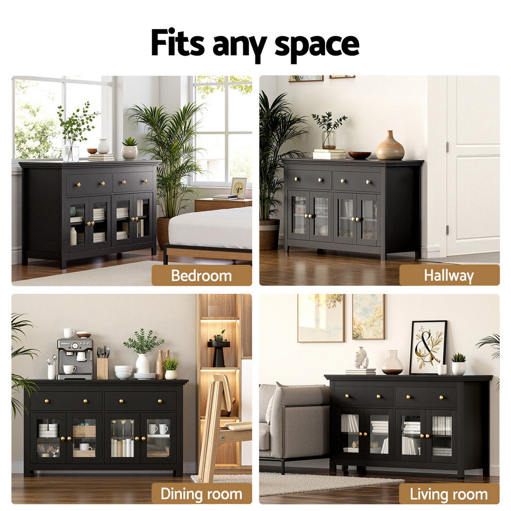 Artiss Buffet Sideboard Storage Cabinet Kitchen Cupboard Clear Door Drawer Black FUR-W-SID130-01-BK-AB
