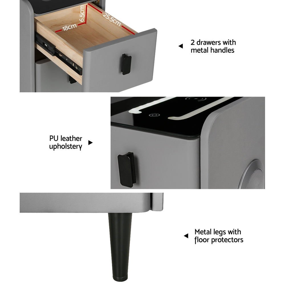 Artiss Smart Bedside Table 2 Drawers with Wireless Charging Ports LED Grey AIDA FUR-X-BS-LED-02-GY