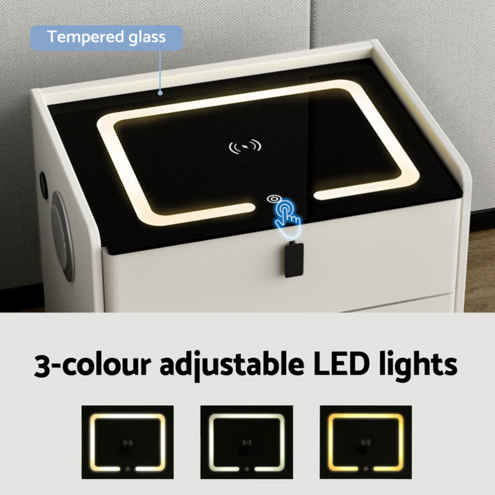 Artiss Smart Bedside Table Wireless Charging - BESS White FUR-X-BS-LED-05-WH