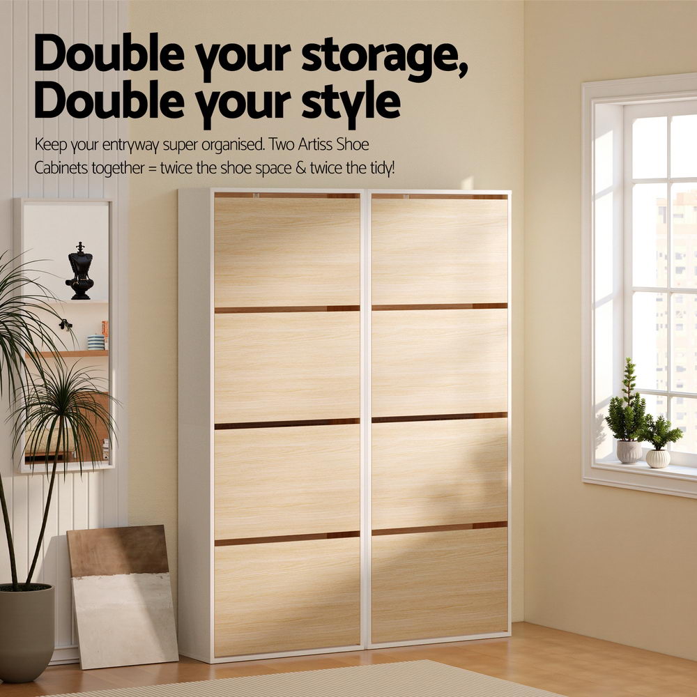 Artiss Shoe Rack Cabinet 24 Pairs Adjustable Shelf Pine FUR-Y-SHOE-4D-WHWD-AB