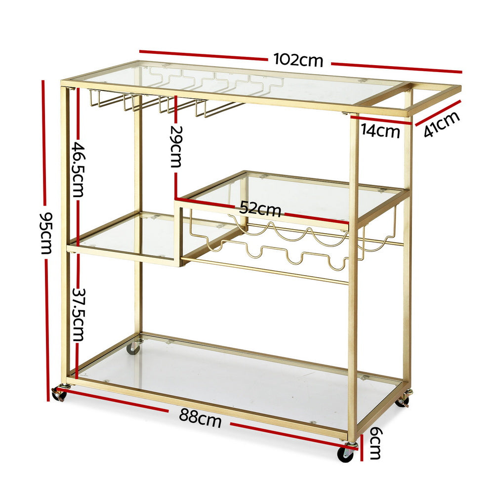 Artiss Bar Cart Drink Trolley Serving Cocktail Wine Rack Glass Holder 102cm Gold FUR-Z-BC-GLASS-100