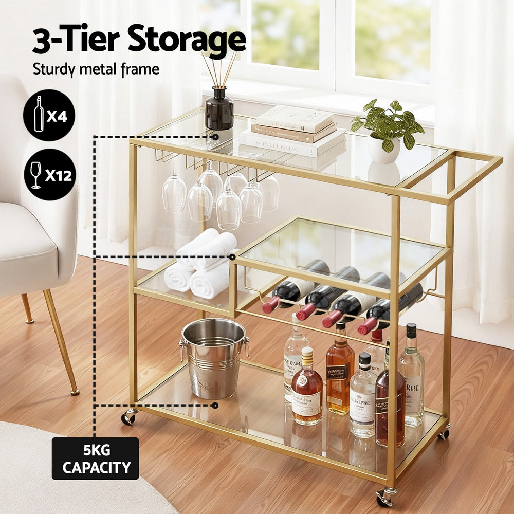 Artiss Bar Cart Drink Trolley Serving Cocktail Wine Rack Glass Holder 102cm Gold FUR-Z-BC-GLASS-100