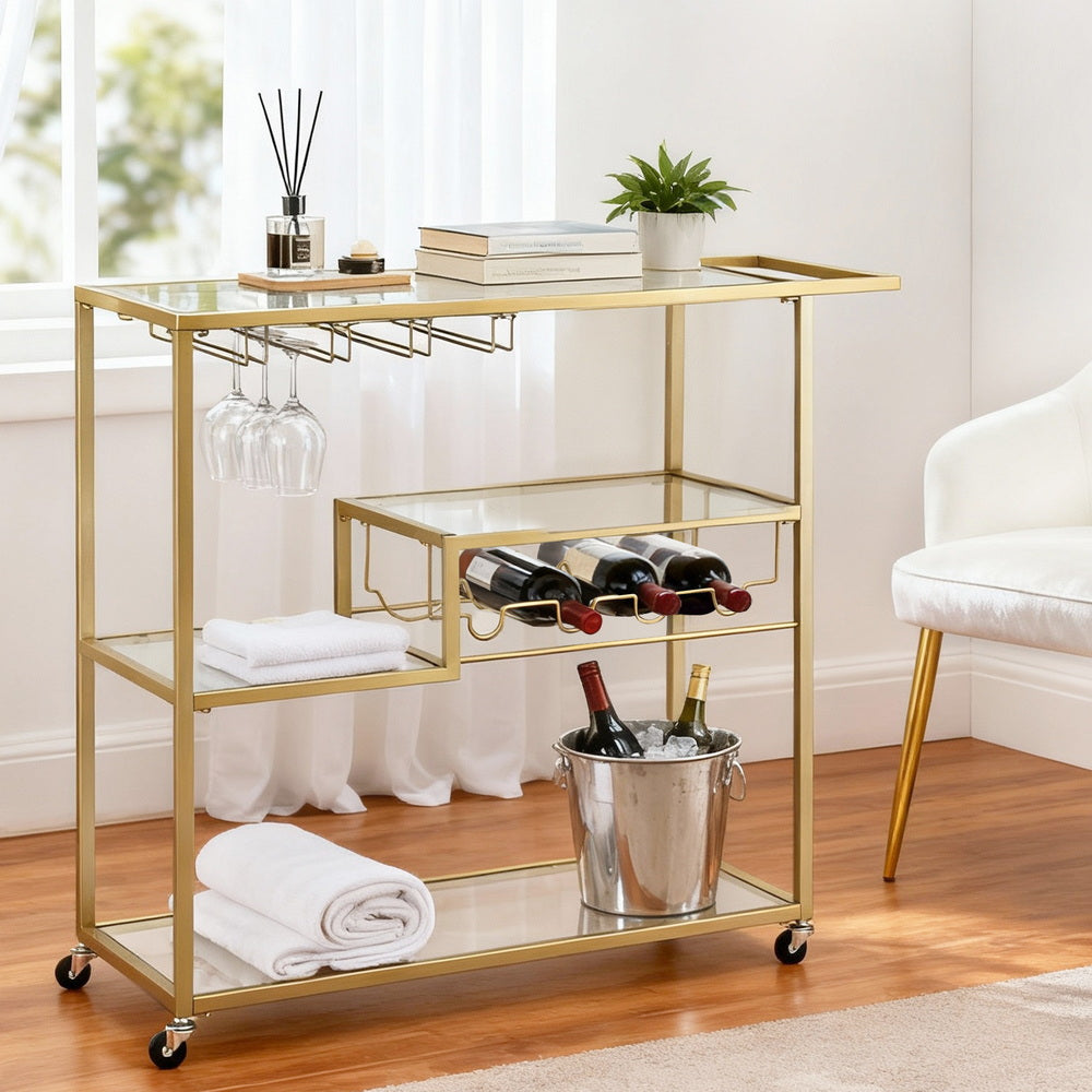 Artiss Bar Cart Drink Trolley Serving Cocktail Wine Rack Glass Holder 102cm Gold FUR-Z-BC-GLASS-100