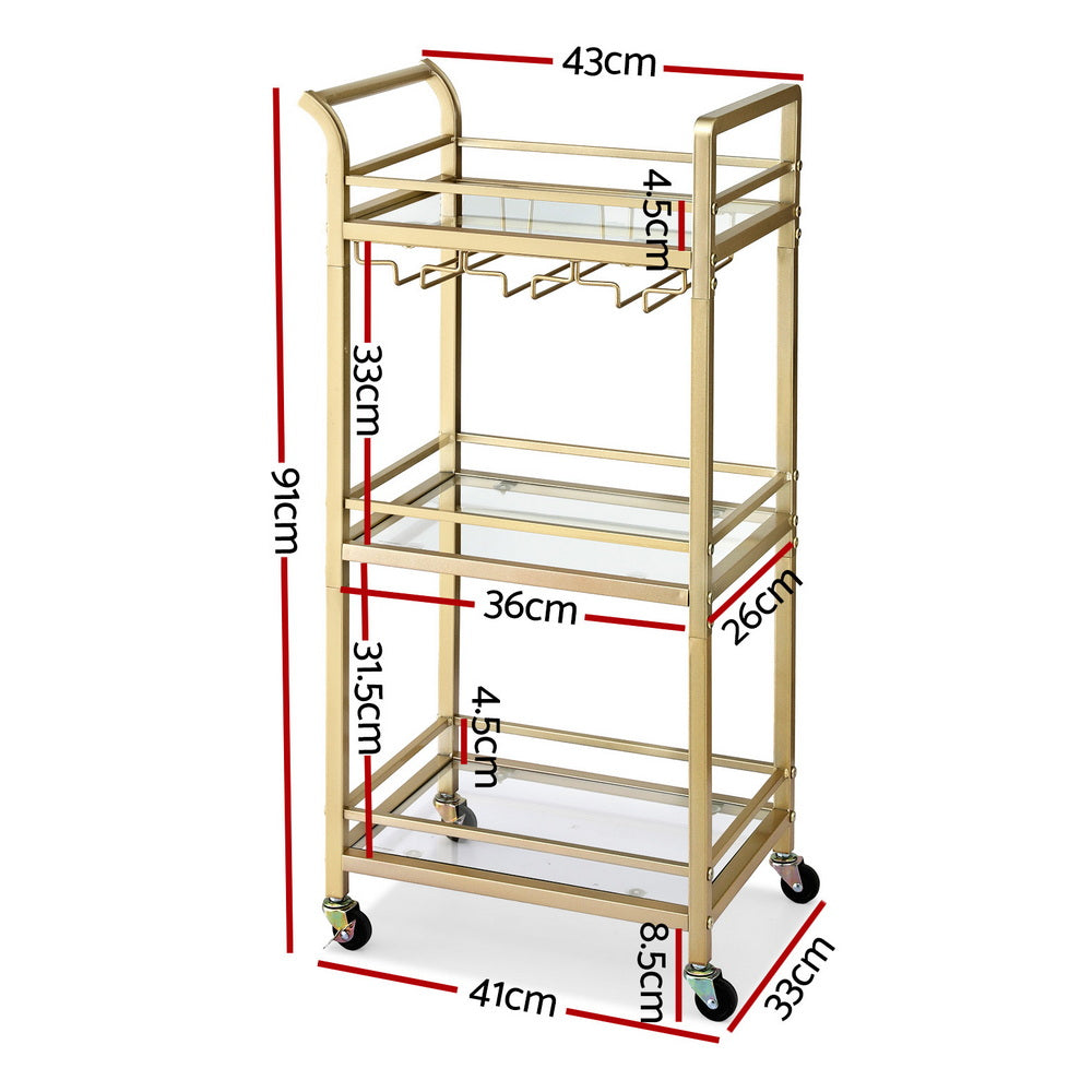 Artiss Kitchen Island Cart Trolley Rolling Serving Storage Wine Glass 43cm Gold FUR-Z-BC-GLASS-43