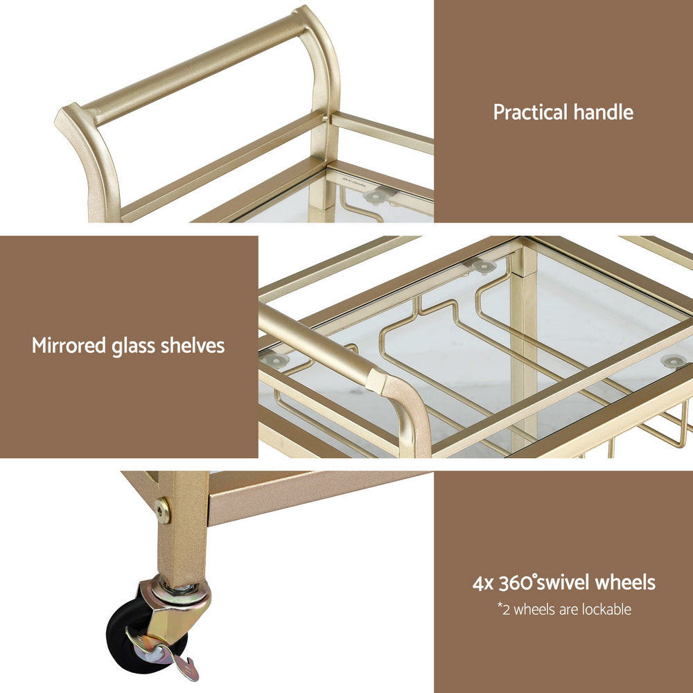 Artiss Kitchen Island Cart Trolley Rolling Serving Storage Wine Glass 43cm Gold FUR-Z-BC-GLASS-43
