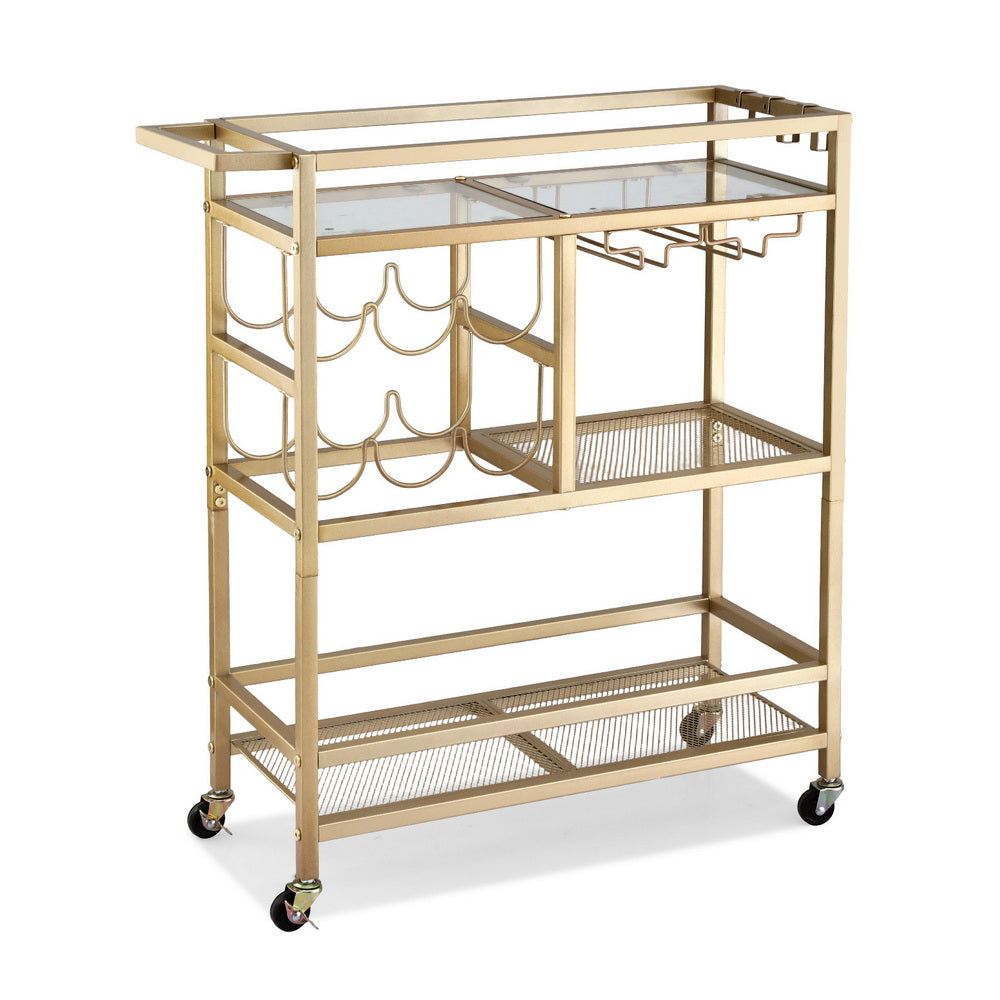 Artiss Bar Cart Drinks Trolley Serving Wine Rack Glass Holder 3 Hooks 72cm Gold FUR-Z-BC-GLASS-80