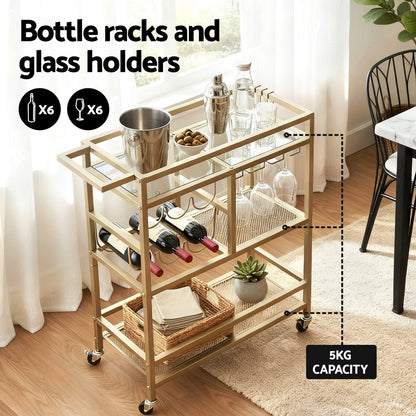 Artiss Bar Cart Drinks Trolley Serving Wine Rack Glass Holder 3 Hooks 72cm Gold FUR-Z-BC-GLASS-80