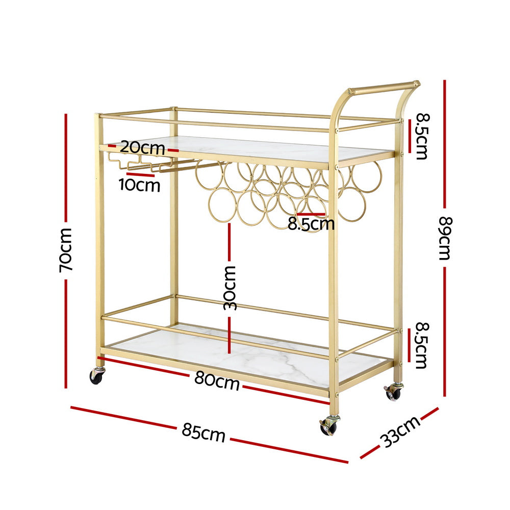 Artiss Bar Cart Drinks Trolley Serving Wine Rack Glass Holder Marble 85cm Gold FUR-Z-BC-PB-80