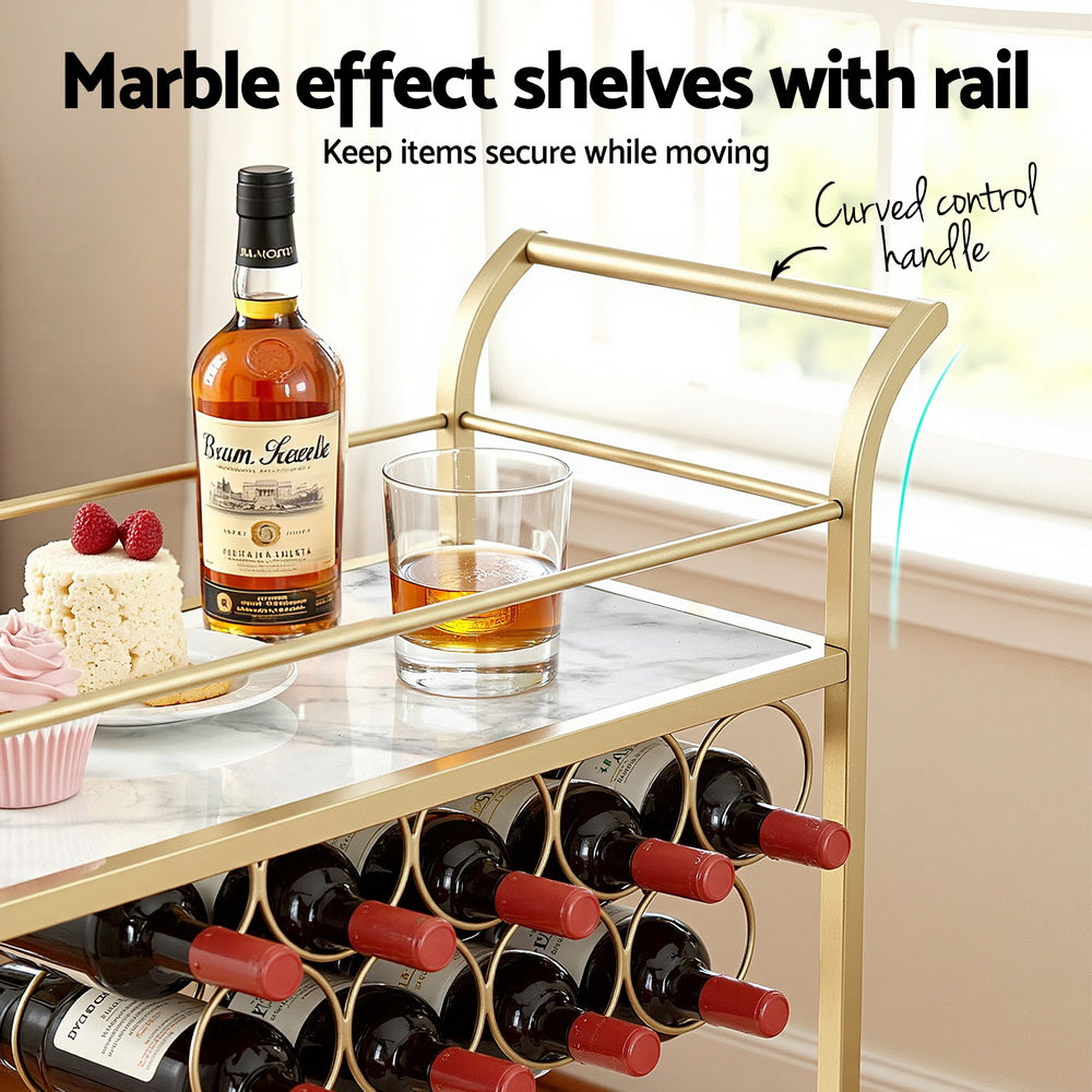 Artiss Bar Cart Drinks Trolley Serving Wine Rack Glass Holder Marble 85cm Gold FUR-Z-BC-PB-80
