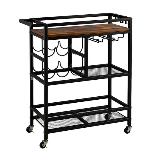 Artiss Bar Cart Drinks Trolley Serving Wine Rack Glass Holder 3 Hooks 72cm Black FUR-Z-BC-PB80-BK