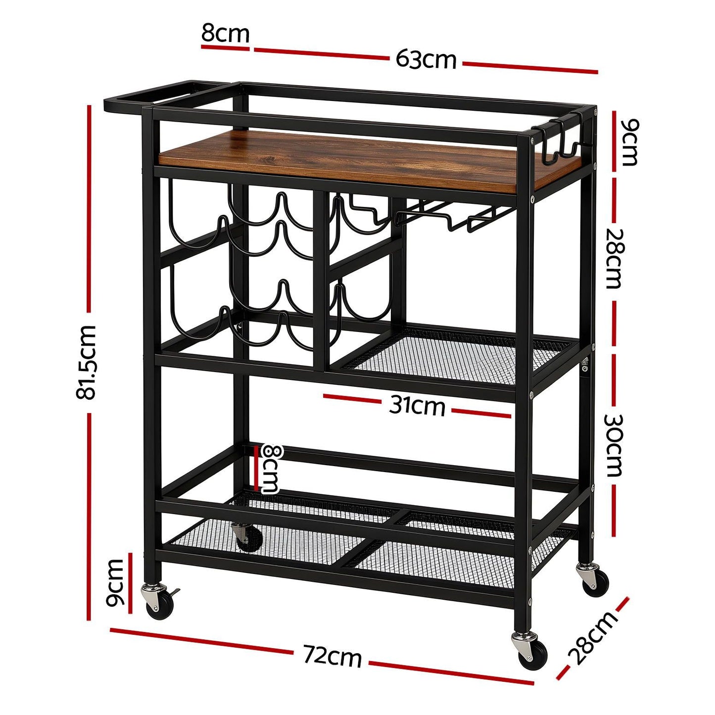 Artiss Bar Cart Drinks Trolley Serving Wine Rack Glass Holder 3 Hooks 72cm Black FUR-Z-BC-PB80-BK