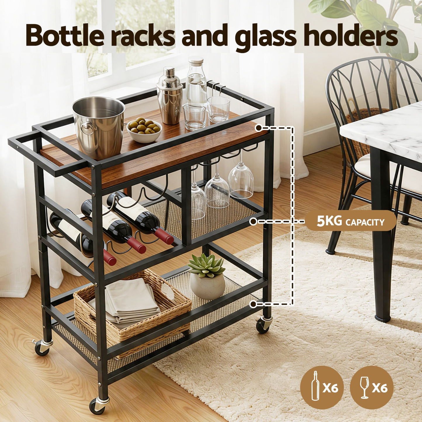 Artiss Bar Cart Drinks Trolley Serving Wine Rack Glass Holder 3 Hooks 72cm Black FUR-Z-BC-PB80-BK