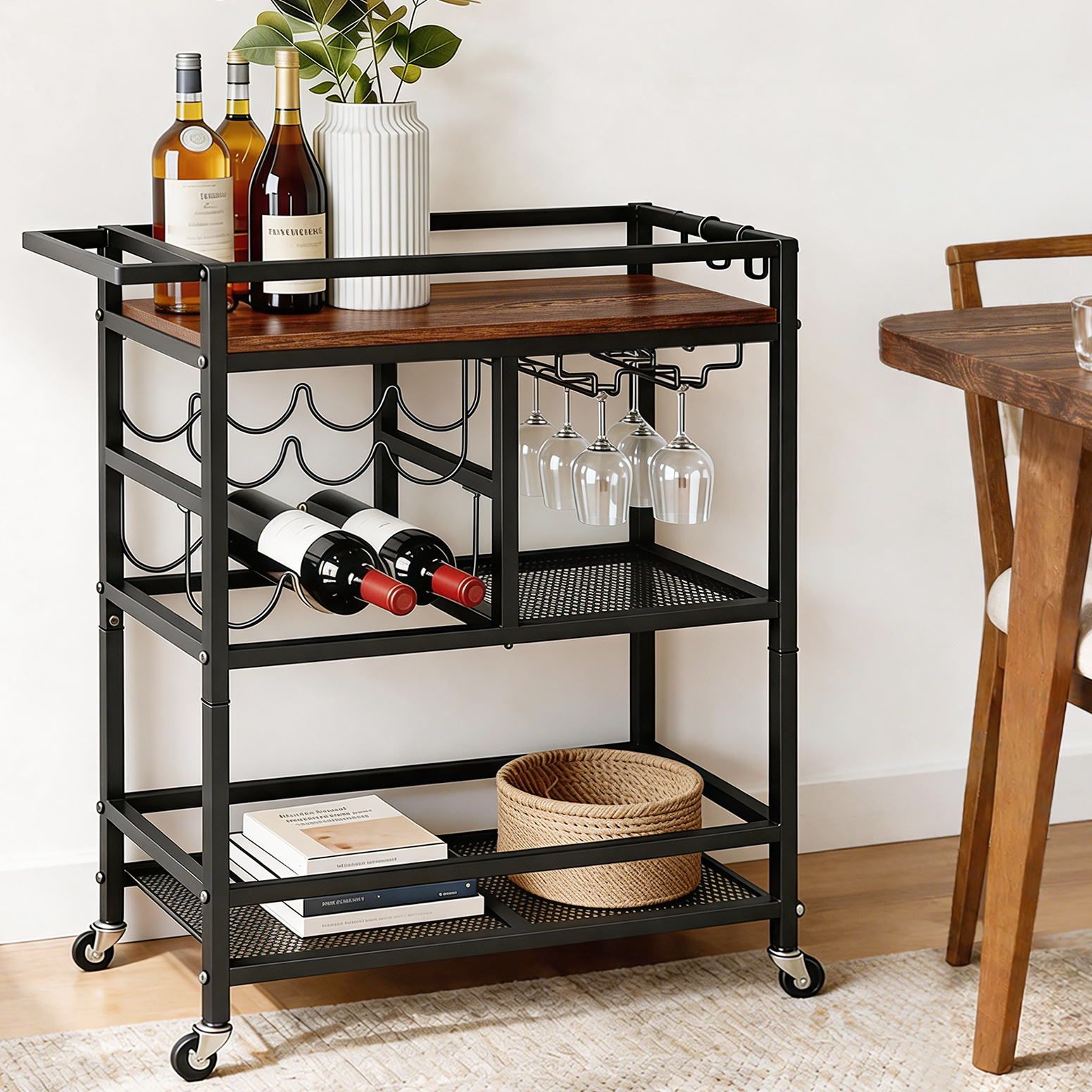 Artiss Bar Cart Drinks Trolley Serving Wine Rack Glass Holder 3 Hooks 72cm Black FUR-Z-BC-PB80-BK