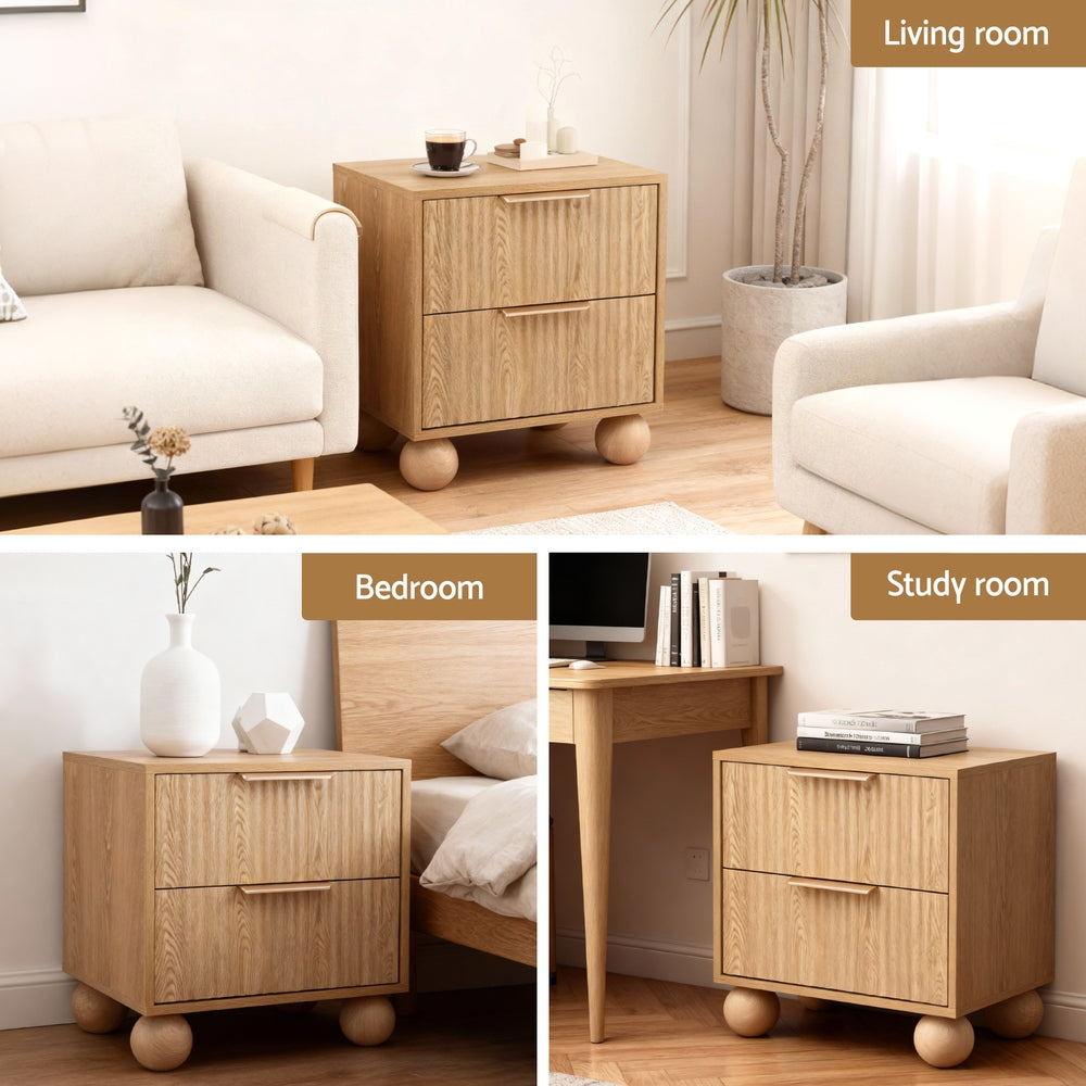 Artiss Rattan Bedside Table 2 Drawers Pine FUR-Z-BS-03-WD