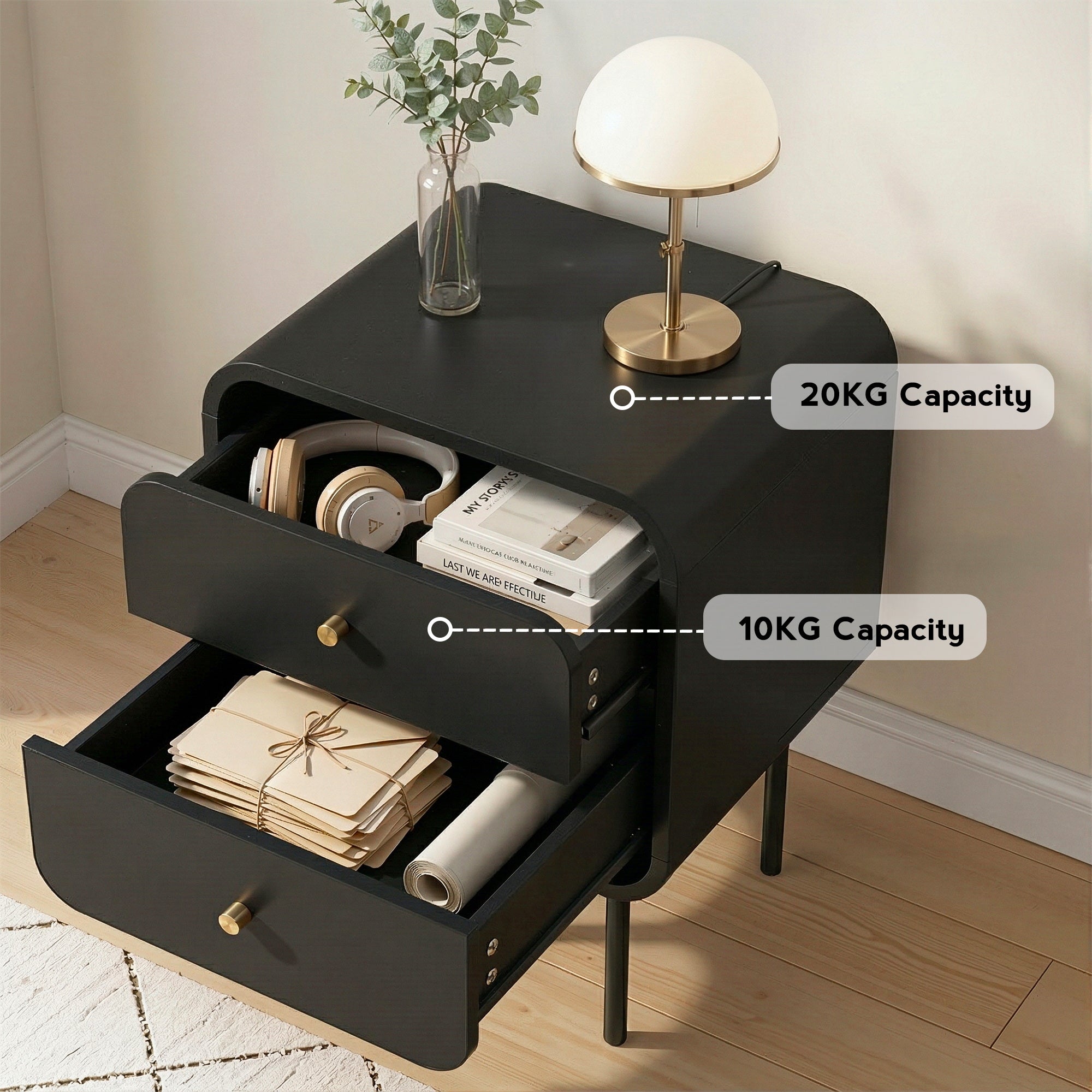 Artiss Bedside Table 2 Drawers Side End Table Nightstand Black FUR-Z-BS-04-BK