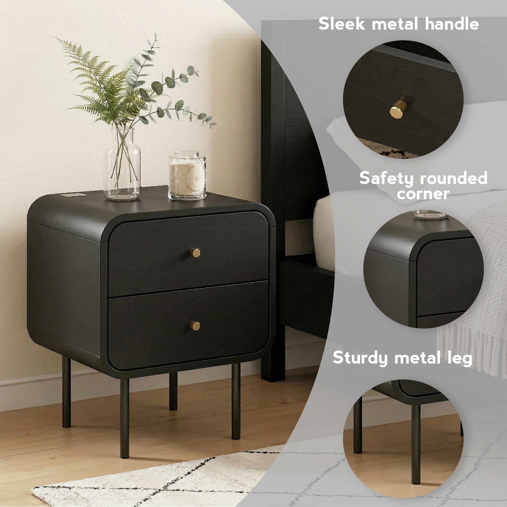 Artiss Bedside Table 2 Drawers Side End Table Nightstand Black FUR-Z-BS-04-BK