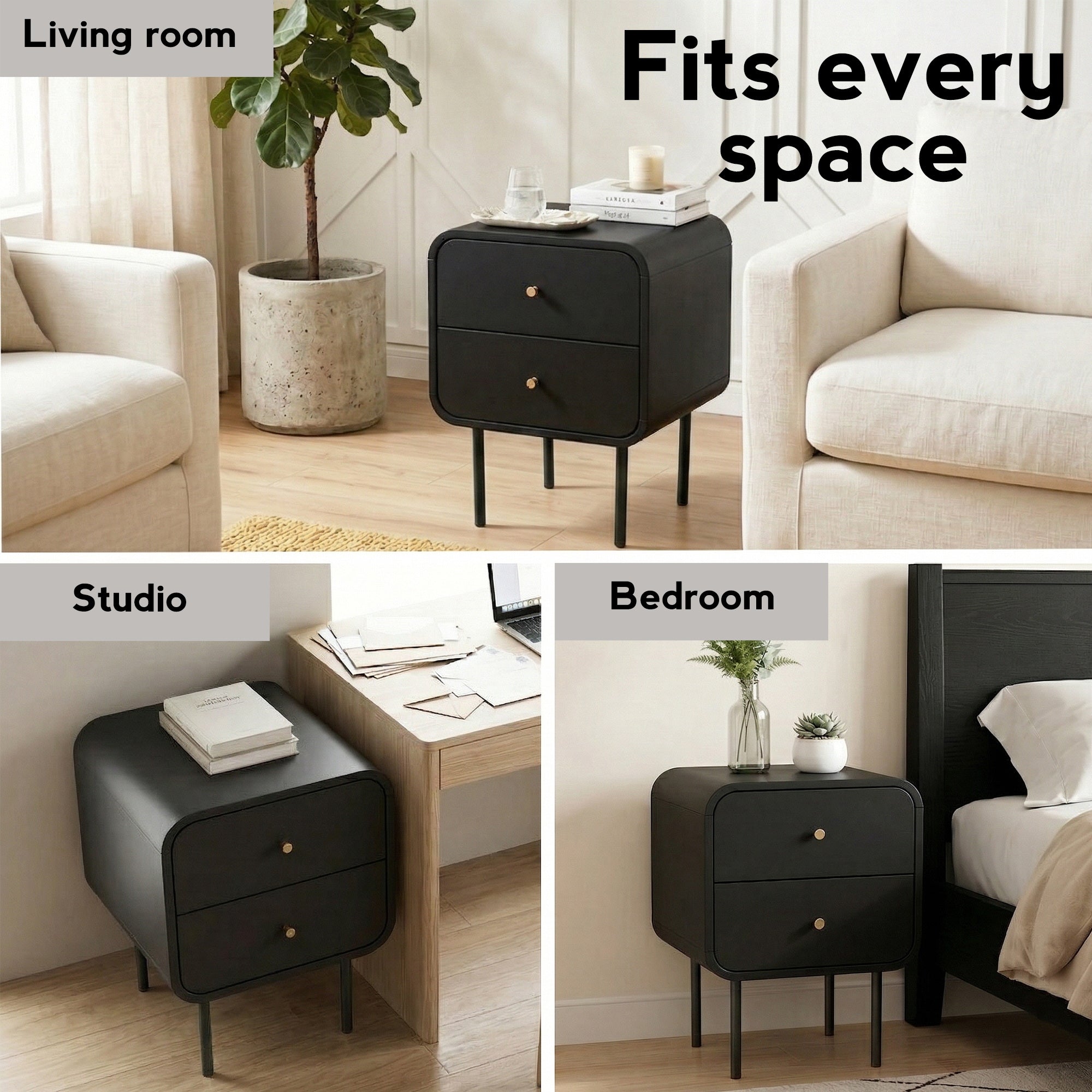 Artiss Bedside Table 2 Drawers Side End Table Nightstand Black FUR-Z-BS-04-BK