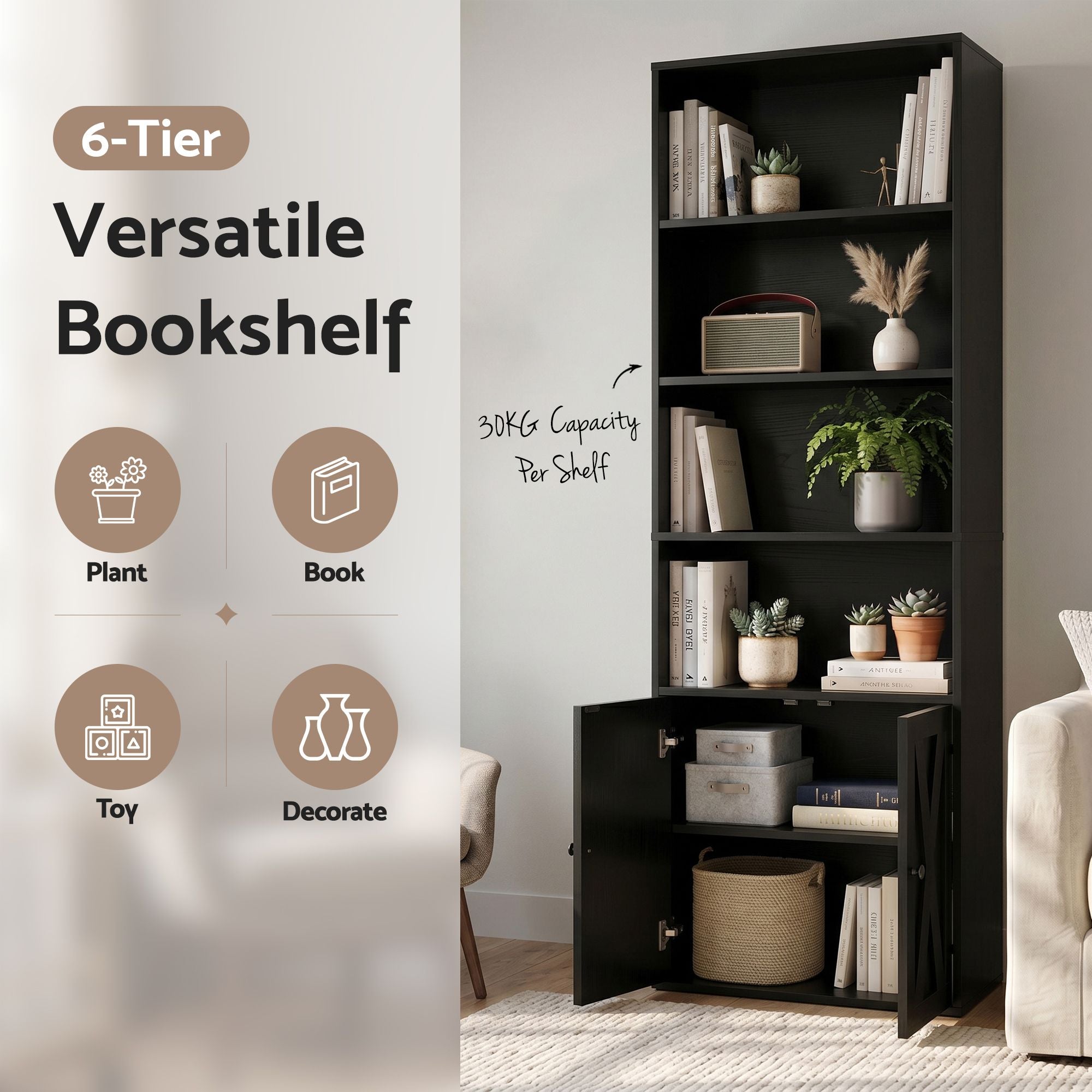 Artiss 6-Tier Bookshelf Display Cabinet Storage Black FUR-Z-BSHELF-6T-BK