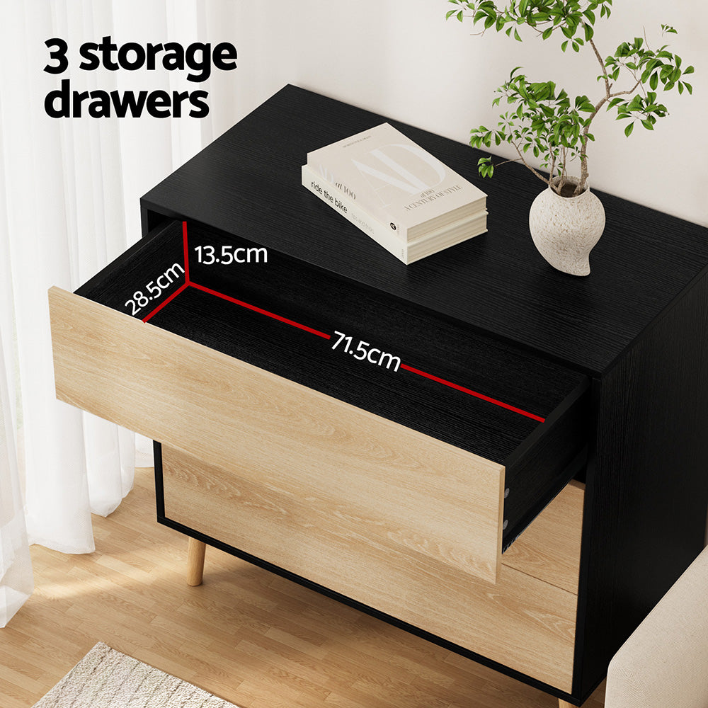 Artiss 3 Chest of Drawers Dresser Table Black&Pine FUR-Z-CDR-02-WDBK-AB