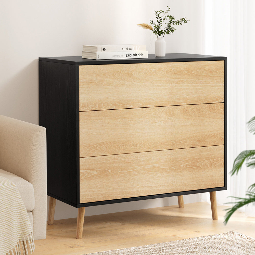 Artiss 3 Chest of Drawers Dresser Table Black&Pine FUR-Z-CDR-02-WDBK-AB