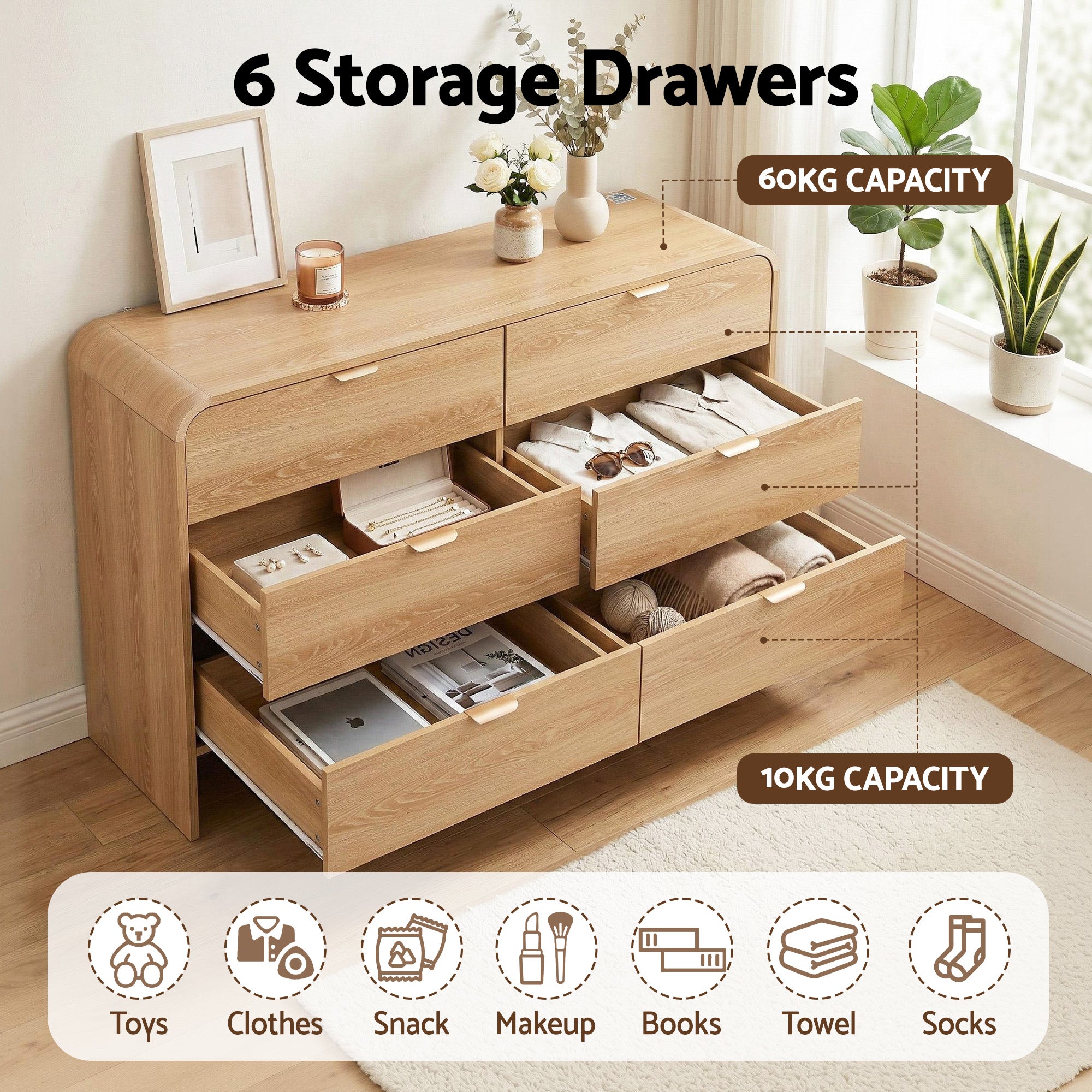 Artiss 6 Chest of Drawers Dresser Cabinet Pine FUR-Z-CDR-05-6D-WD-AB