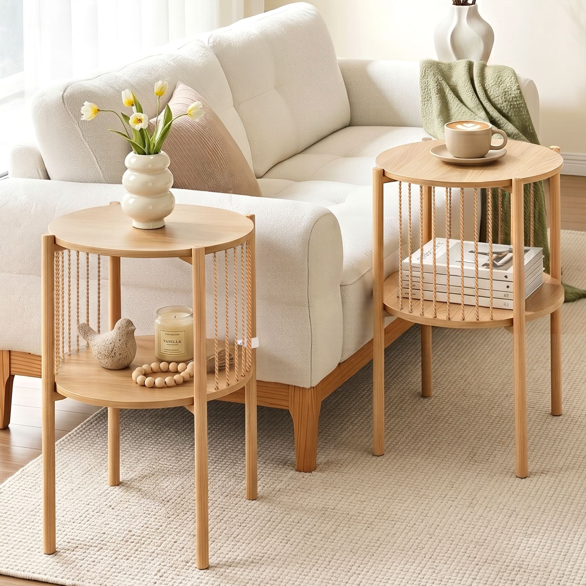 Artiss Set of 2 End Tables Coffee Table 2-Tier Round Wood FUR-Z-COF-01-WDX2