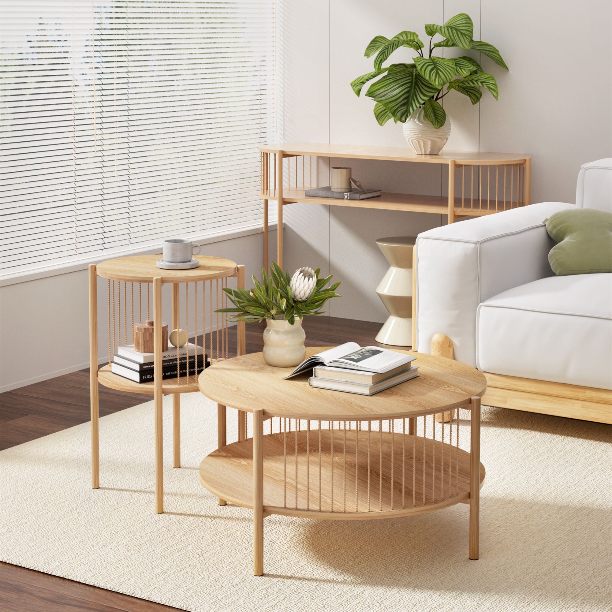 Artiss Set of 2 End Tables Coffee Table 2-Tier Round Wood FUR-Z-COF-01-WDX2