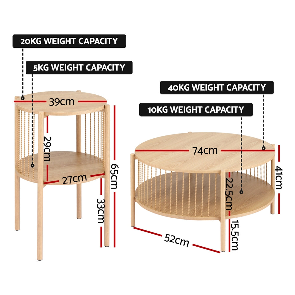 Artiss Coffee Table 2-Tier Round Wood FUR-Z-COF-0102-WD
