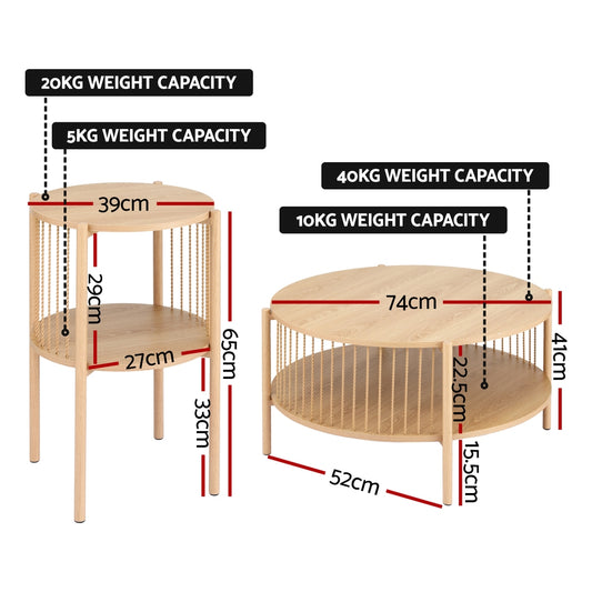 Artiss Coffee Table 2-Tier Round Wood FUR-Z-COF-0102-WD